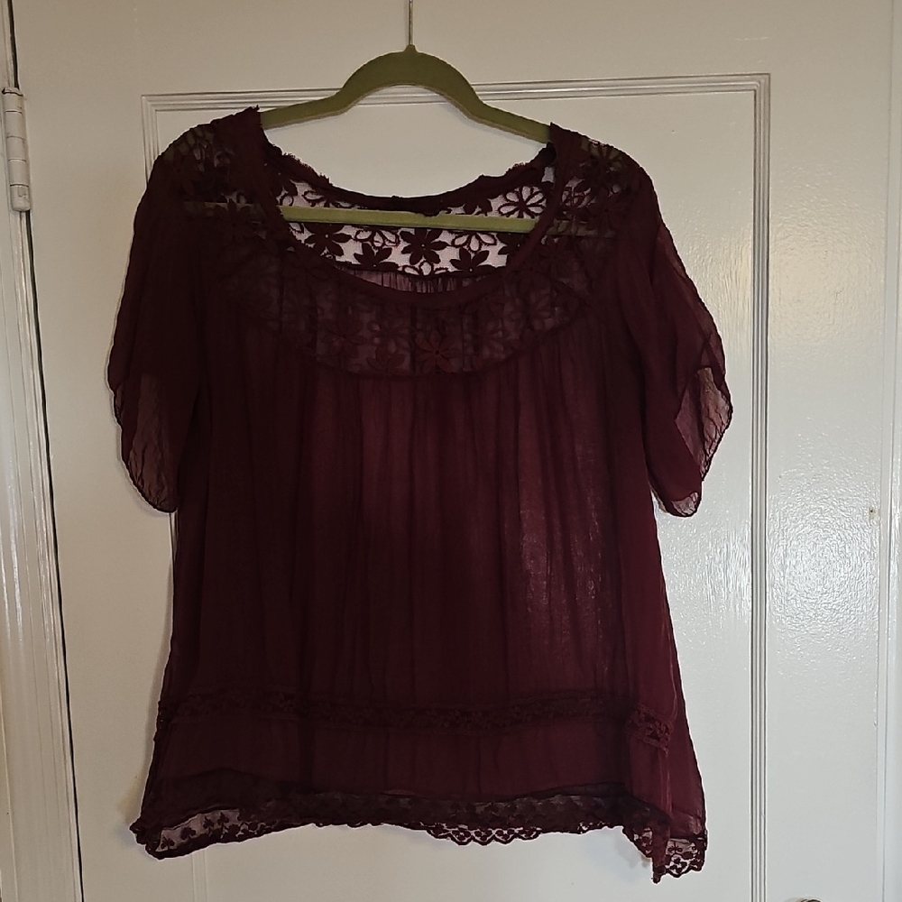 Silk Burgundy Lace Trim Blouse